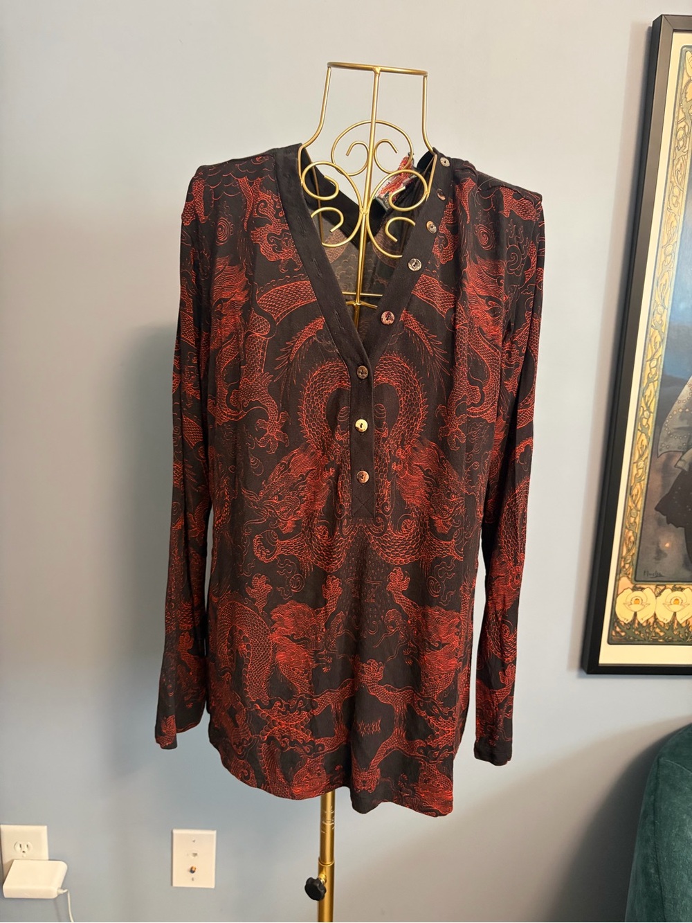 Johnny Was Women's Long Sleeve Red and Black Dragon Print Dress